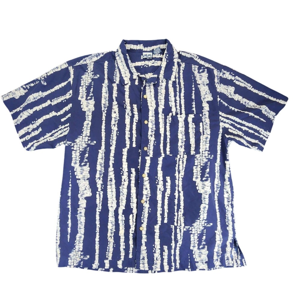US Expedition Button Down Shirt Mens L Blue White Ikat Tie Dye Short Sleeve Surf